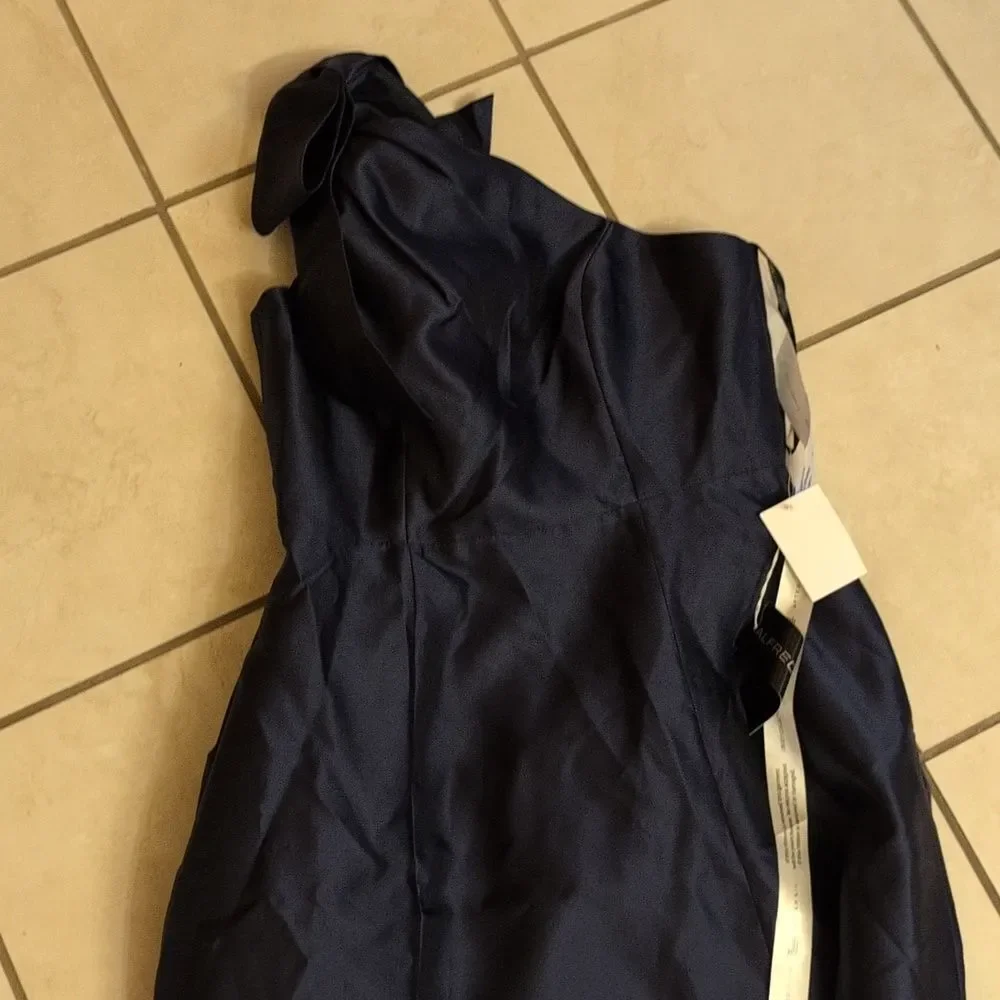 NWT Alfred Sung Maxi Dress Midnight Blue One Shoulder Gown Size 10 - Picture 2 of 14